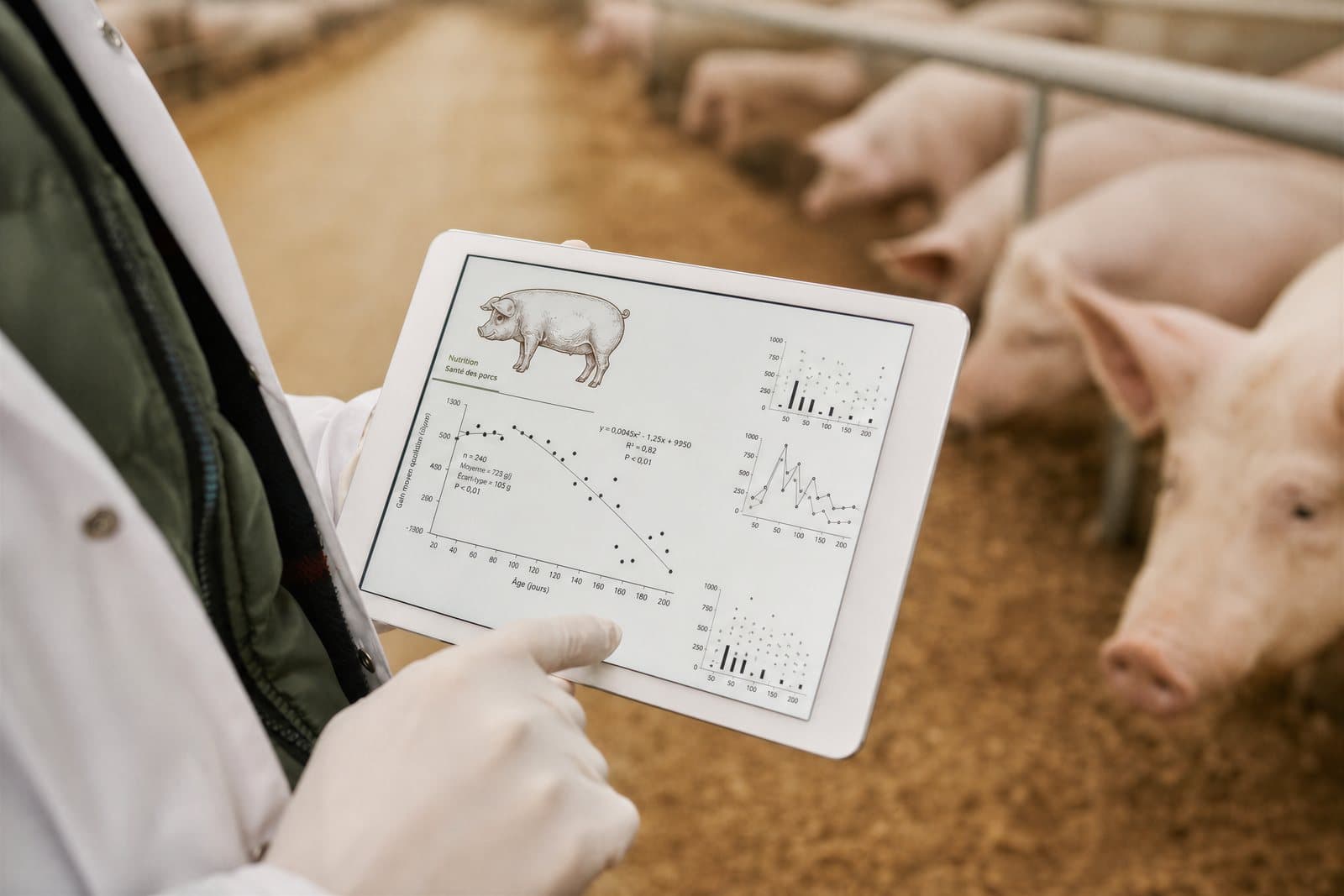 Tablette affichant des données d'élevage devant des porcs